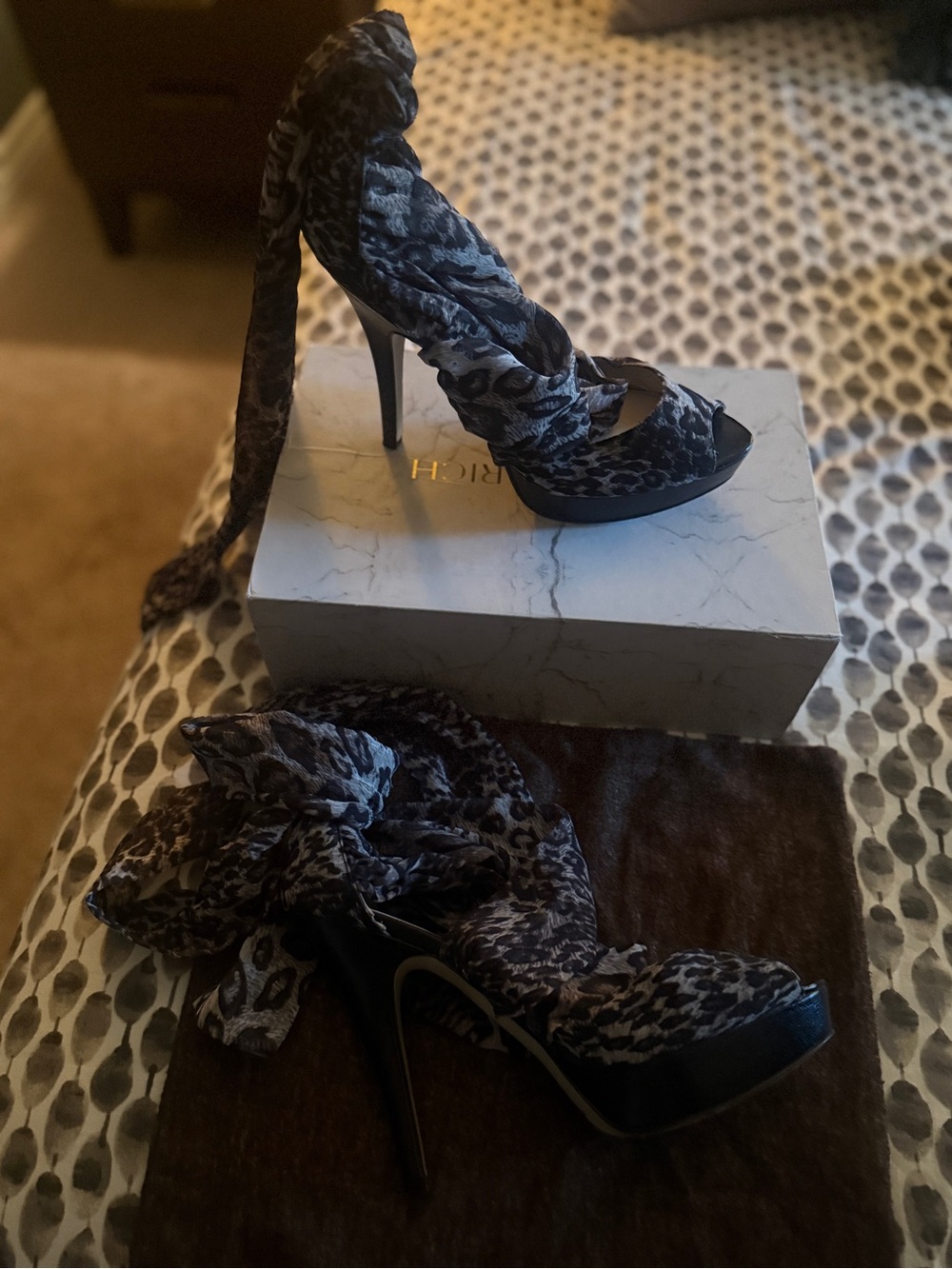 Enzo Angiolini Black Leopard-Print Wrap Stiletto Sandals